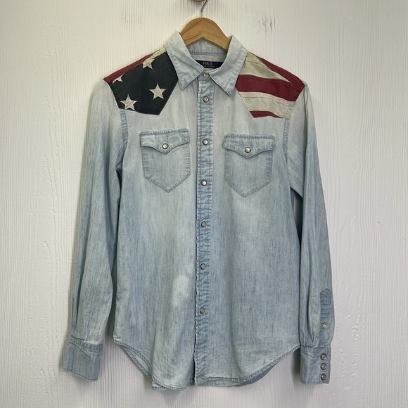 Ralph Lauren - American Flag Chambray Denim Button Down Denim Shirt Size Small - Picture 7 of 11